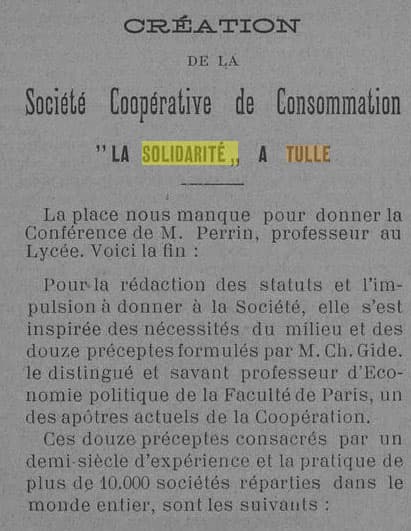 L'Emancipation, journal d'Economie Politique et Sociale du 15 janvier 1901 annonce la cration de la Socit Cooprative de Consommation la Solidarit  Tulle.